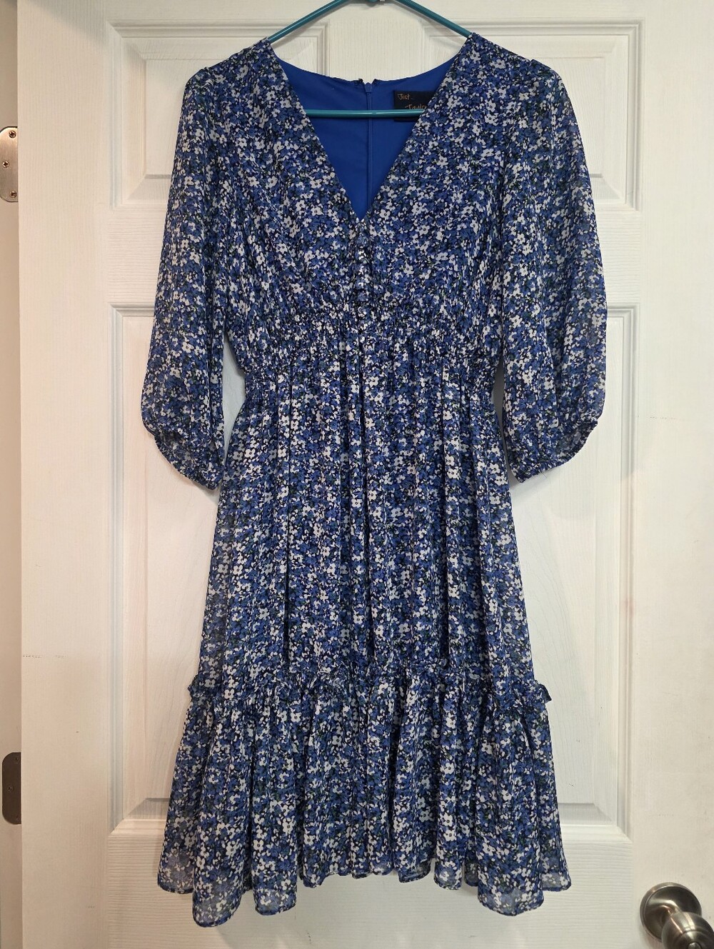 Just Taylor V-Neck Smocked Waist Floral Chiffon Dress Blue 3/4 Sleeve Women's 2